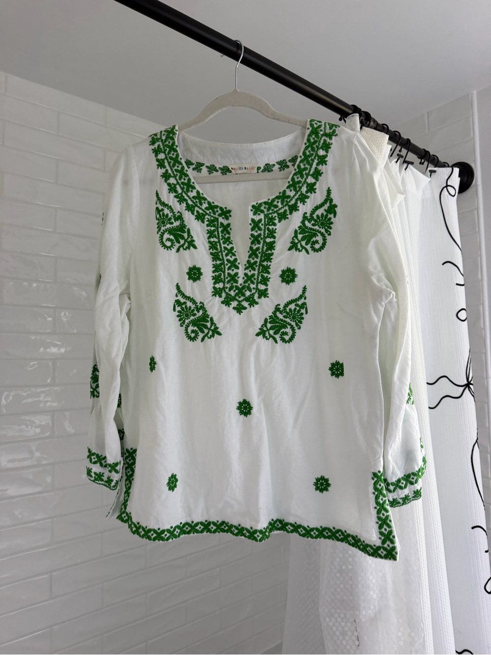 Roller Rabbit White Tunic Top with Green Embroidery